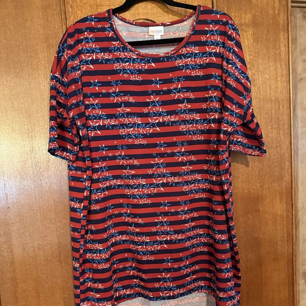 LuLaRoe Irma, Size Large, Red and Blue stripes with white Stars